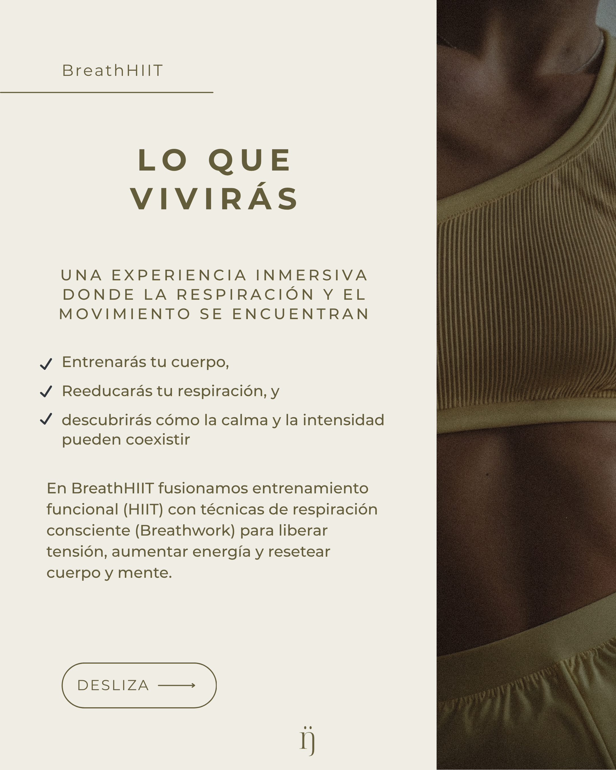 Descripción de la experiencia BreathHIIT: entrenamiento funcional, reeducación respiratoria y equilibrio entre calma e intensidad.